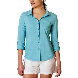 prAna Kinley Button Shirt Womens L Blue Stripe Roll Tab Long Sleeve #029